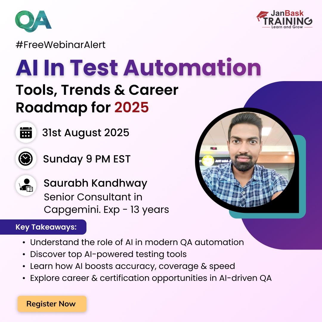 janbasktraining's tweet image. ⏳Just 2 days left!
Don’t miss our Free Webinar – AI in Test Automation: Tools, Trends & Career Roadmap for 2025.
📅 Date: 31st Aug 2025 | 🕘 9 PM EST
Speaker: Saurabh Kandhway – Senior Consultant, Capgemini
Join Live: live.zoho.in/wwcs-vow-oui
#AI #QATesting #TestAutomation