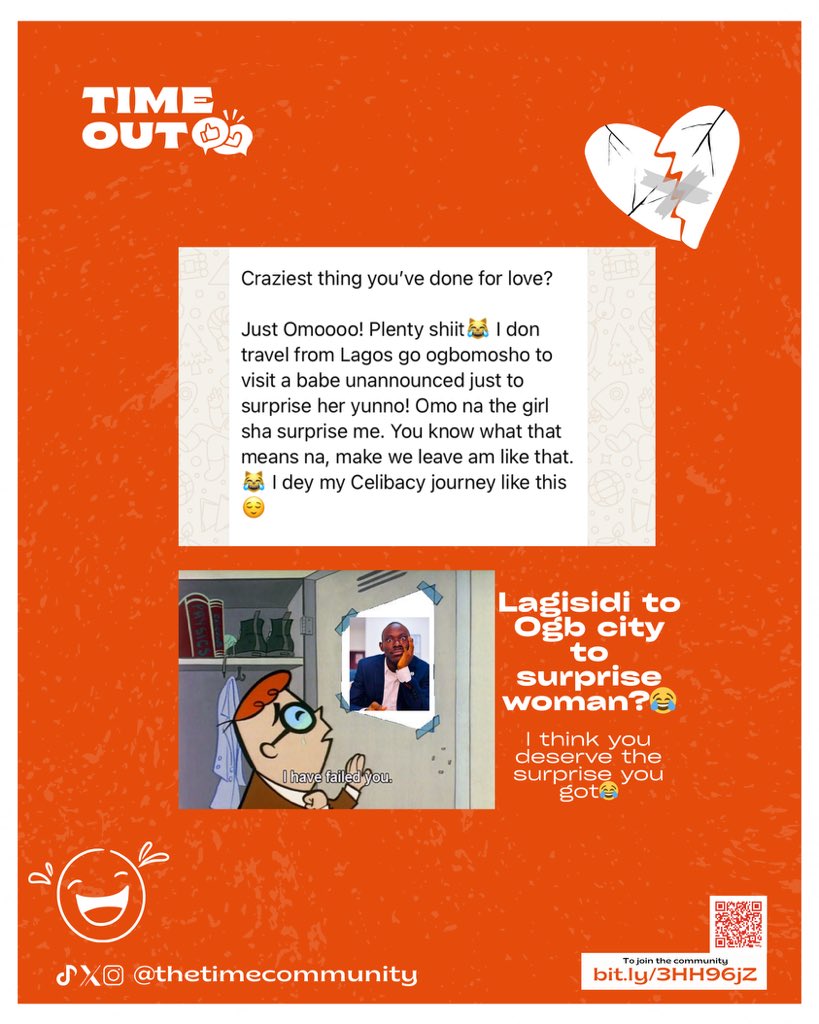 We asked our community members cr@@ziest thing they’ve done for love😂🥹😭

People are really trying for this love thing 😂

Swipe to read what they have to say.
A THREAD 🤝
#TimeOut #loveatfirstsight #loveandforesight #thetimecommunity #love