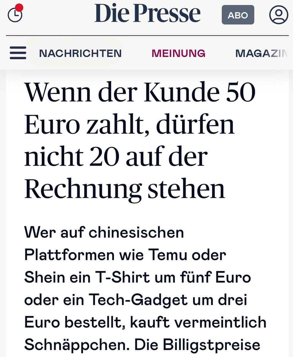 🚨 Hier gibt‘s eine Milliarde Euro pro Jahr zu holen für Österreich! Die Lösung ist sofort national umsetzbar: Eine „Plattformhaftung zur korrekten Warendeklaration“. Wenn man ein Handy um 50 € bezahlt, dürfen nicht 20 € auf dem Frachtdokument stehen. 
diepresse.com/20038669/wenn-…