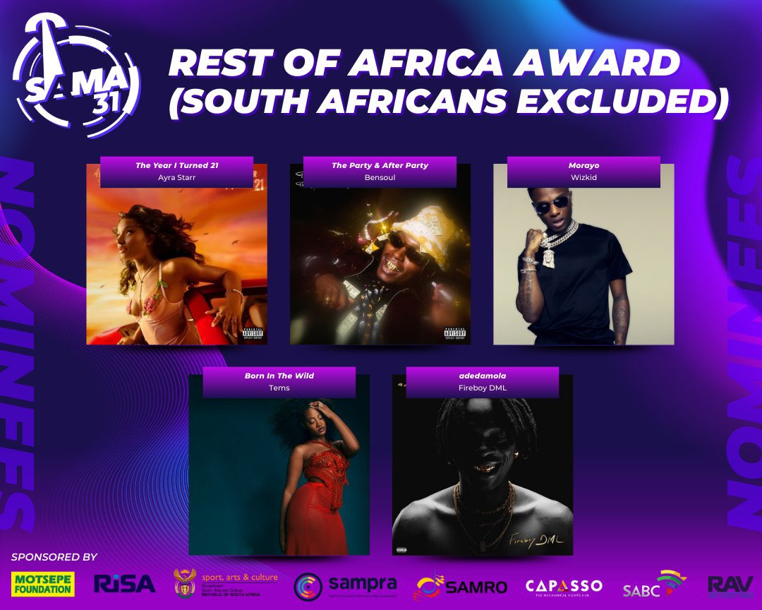 ayraupdates's tweet photo. Ayra Starr’s "𝐓𝐇𝐄 𝐘𝐄𝐀𝐑 𝐈 𝐓𝐔𝐑𝐍𝐄𝐃 𝟐𝟏" is nominated for Rest of Africa Award at the 2025 South African Music Awards. 🏆 🇿🇦 https://t.co/eoAKxcYLFq