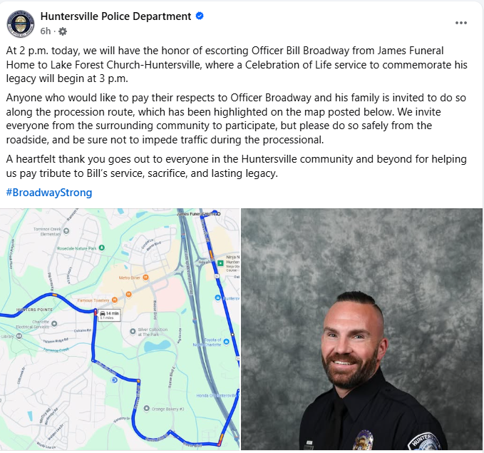 We will be along the route showing our support for this wonderful officer &amp; his family. We'll also have a large American flag set up outside HPD HQ for him to pass under. Today we stand alongside the Broadway family, our Police Department and our community. #BroadwayStrong