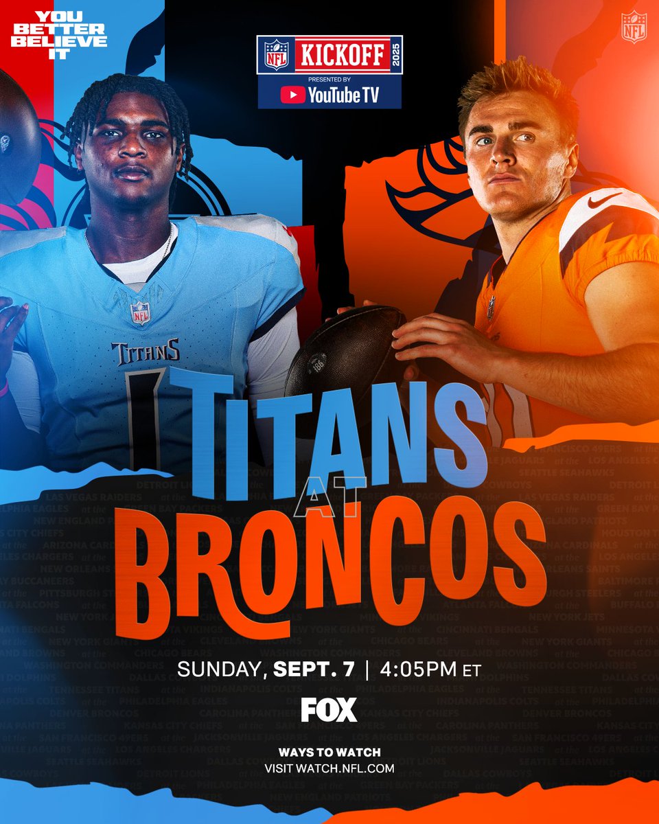 Battle of the youngins 👀

TENvsDEN– Sunday 9/7 at 4:05pm ET on FOX
watch.nfl.com