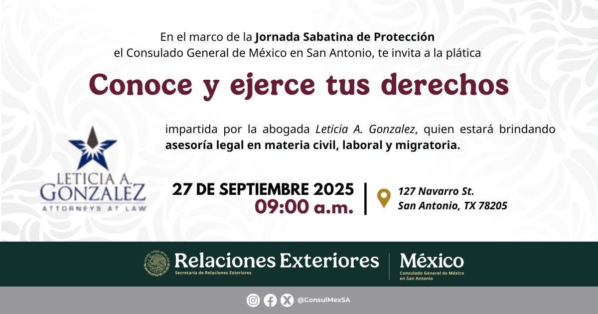 📌 El Departamento de Protección te invita a la plática informativa "Conoce y ejerce tus derechos"

🕘 Hora: 9:00 a.m.
📍 Lugar: 127 Navarro St. San Antonio, Texas 78205
¡Te esperamos!
#ConsuladoATuLado #ProtecciónConsular