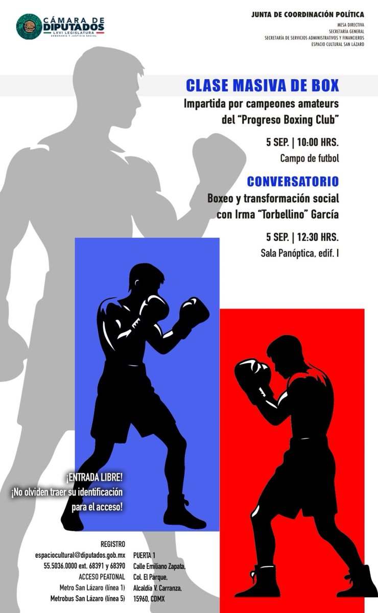 Clase Masiva de Box con la presencia de campeones amateurs del Progreso Boxing Club, y al Conversatorio Boxeo y transformación Social: deporte y rehabilitación para el tejido social. 
 Participará Irma "Torbellino" García y el Centro Nacional de Desarrollo de Talentos  (CNAR).