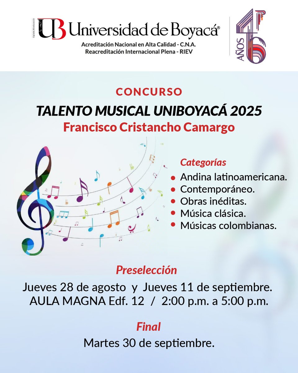 🎶✨ ¡El talento UdeB está listo para brillar!

Te invitamos a participar en el Concurso Talento Musical Uniboyacá 2025 🎤🎸.

Preselecciones: 28 de agosto y 11 de septiembre – 2:00 p.m. – Aula Magna

Gran Final: 30 de septiembre 🎶

#SomosUdeB! 🦉❤️