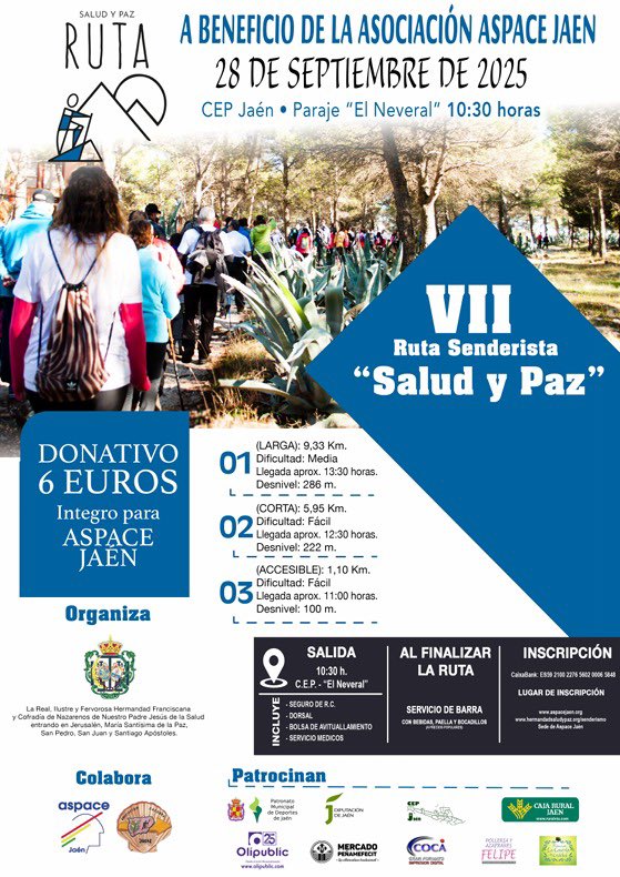 Colaboramos con <a href="/Saludypazjaen/">Salud y Paz Jaén</a> en la organización de su séptima caminata solidaria a favor de <a href="/AspaceJan/">Aspace Jaén</a> , que se celebrará el próximo 28 de septiembre con salida en el paraje de El Neveral 🚶🏻🚶🏼‍♀️

Inscribe ya, por solo 6 💶, en aspacejaen.org/ruta-de-sender… o en la sede de Aspace