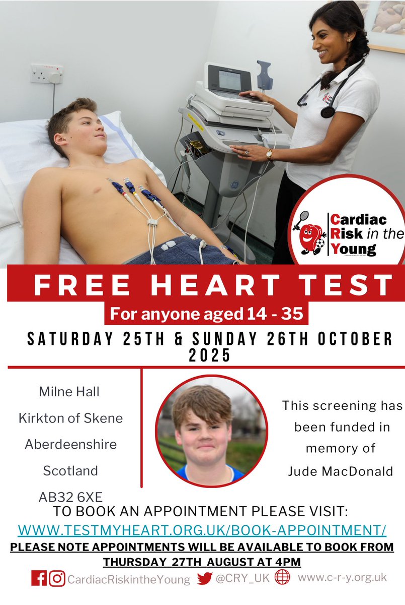 Free heart testing for anyone age 14 - 35 at Milne Hall, Kirkto  of Skene next month.