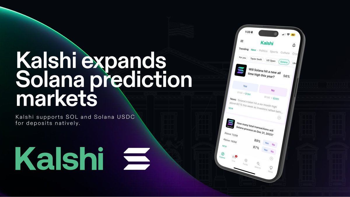 Kalshi expands Solana prediction markets promotional graphic showing app interface with SOL-related bets