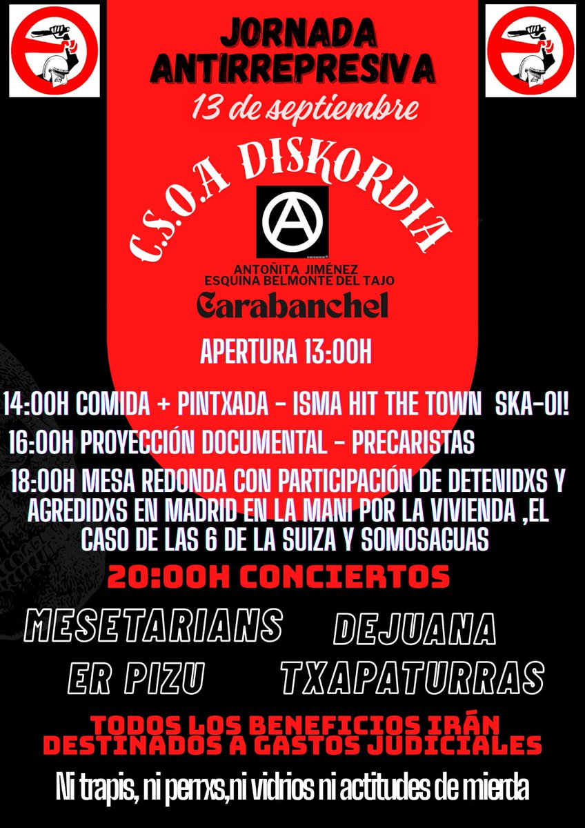 Con represión y cárcel no hay democracia. Y somos muchas las víctimas del sistema.
Solidaridad entre trabajadoras y lucha antirrepresiva, es el camino.
Libertad para todas. 
¡6 de La Suiza, libertad!