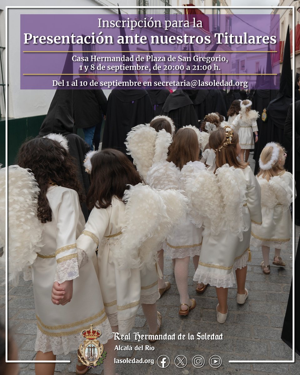 #INFORMACIÓN | INSCRIPCIÓN PARA LA PRESENTACIÓN DE NIÑOS Y NIÑAS A NUESTROS TITULARES 

📌Casa Hermandad
🗓️ 1 y 8 de septiembre
🕗20 a 21 h

📧secretaria@lasoledad.org
🗓️1 al 10 de septiembre
 
ℹ️facebook.com/story.php?stor…

#LaSoledadDeAlcaláDelRío
#TúEresElOrgulloDeNuestroPueblo