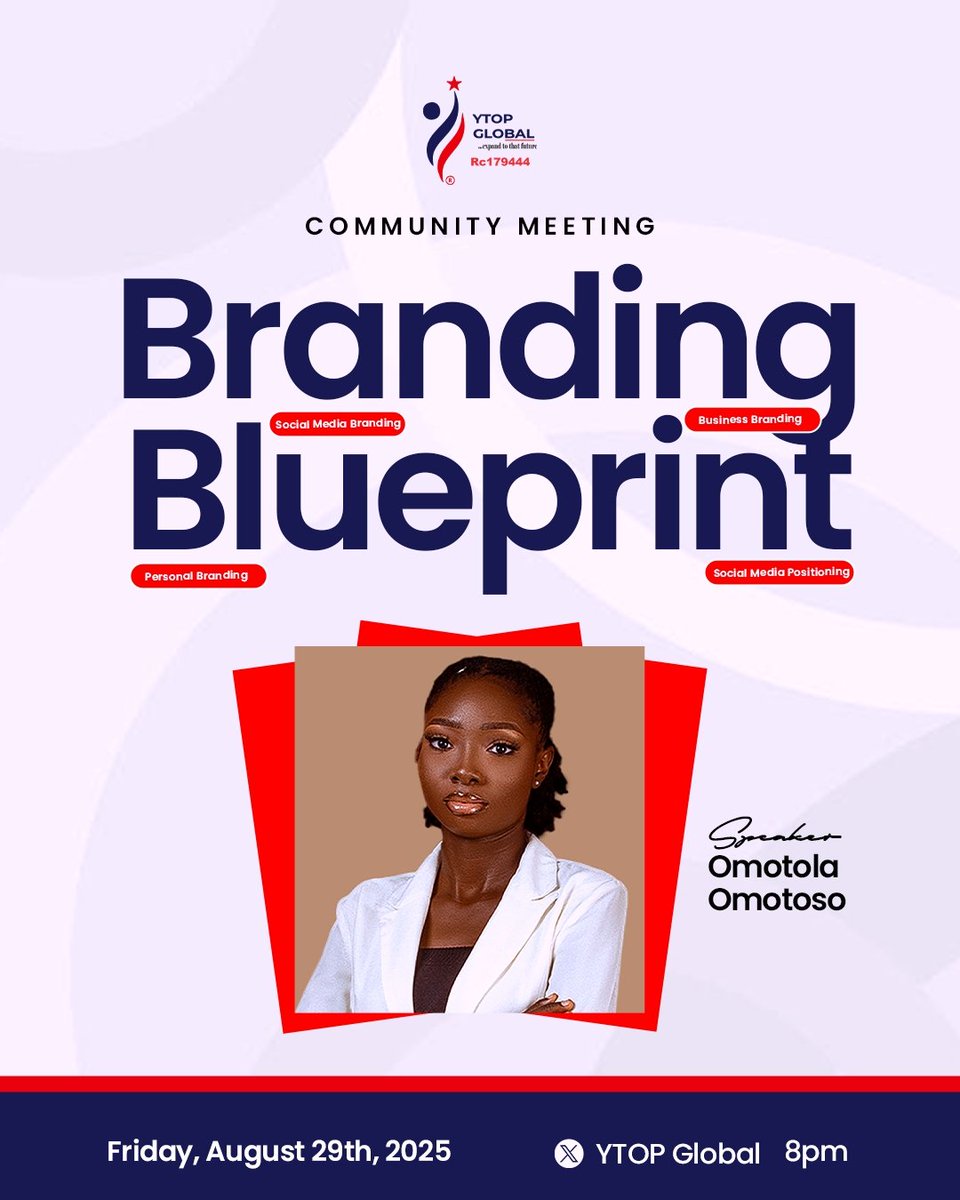YTOPGLOBAL's tweet photo. Your brand is your power 💡
Learn how to position yourself &amp; your business better!

Join YTOP Global’s Virtual Training
🗓️ Friday | ⏰ 8 PM | 📍 X (Twitter)
Theme: Branding for Personal, Business &amp; Corporate Growth

Don’t miss it!
👉 https://t.co/t4VSX1TrnF https://t.co/4K6cPxGGR7