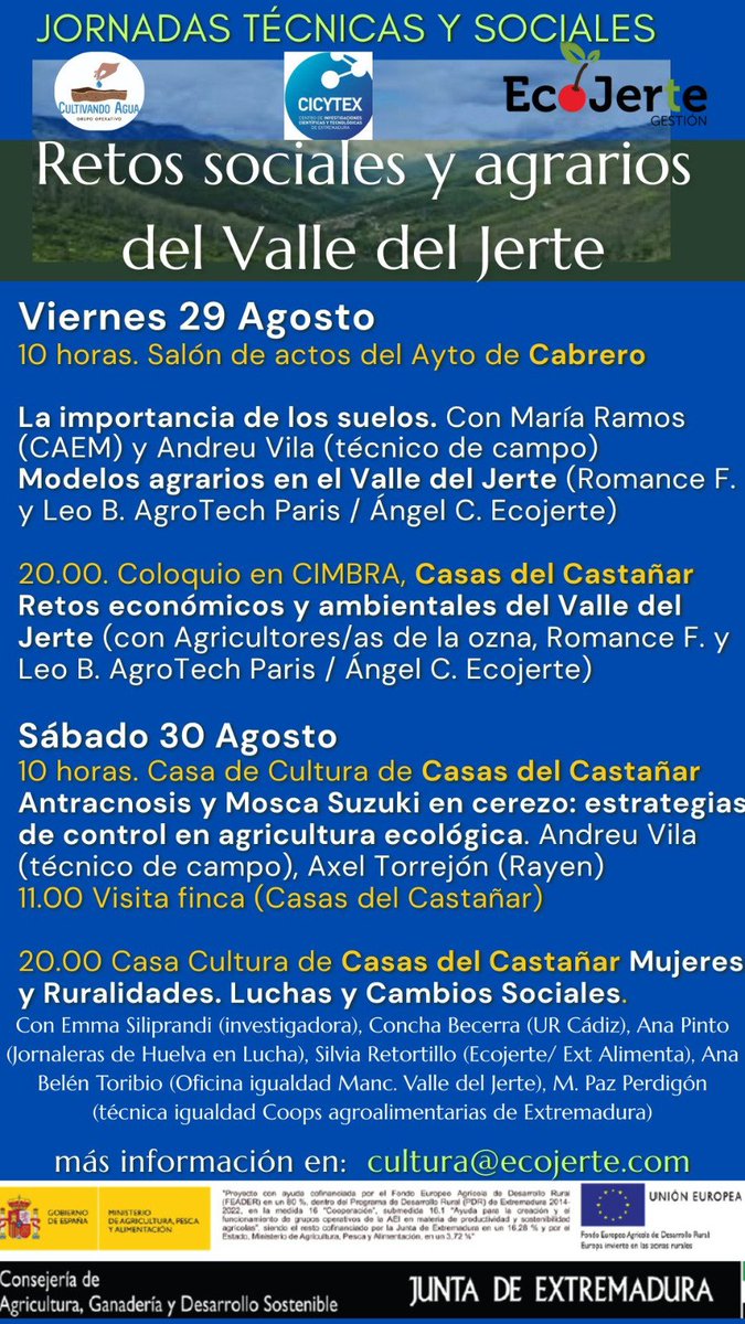 gocultivan28314's tweet photo. 📢📢 Tenemos el fin de semana completo de interesantes acciones de transferencia en materia de agua, suelo y socio economía rural en Valle del Jerte. ¡Te esperamos! 👉👉 https://t.co/QZgn83iBbr