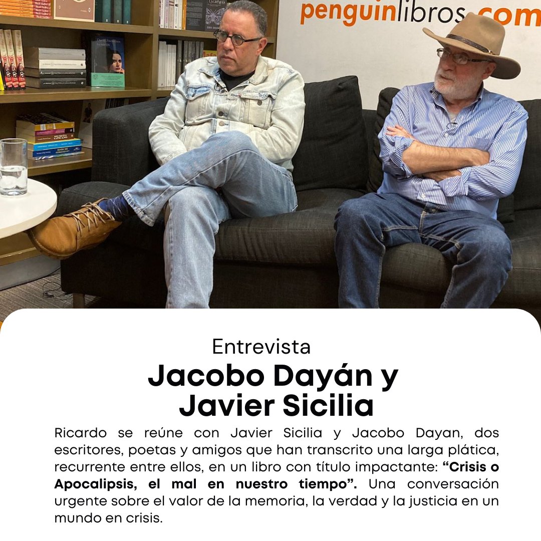 🌍✨ Esta semana en #Calle11:

<a href="/ricardomraphael/">Ricardo Raphael</a> se reúne con <a href="/JavierSicilia/">Javier Sicilia Oficial</a>  y <a href="/dayan_jacobo/">Jacobo Dayán</a>  escritores, poetas y entrañables amigos, para hablar de su nuevo libro: "Crisis o Apocalipsis, el mal en nuestro tiempo" 📖🔥

Viernes 28 de agosto
23 horas
<a href="/CanalOnceTV/">Canal Once</a>