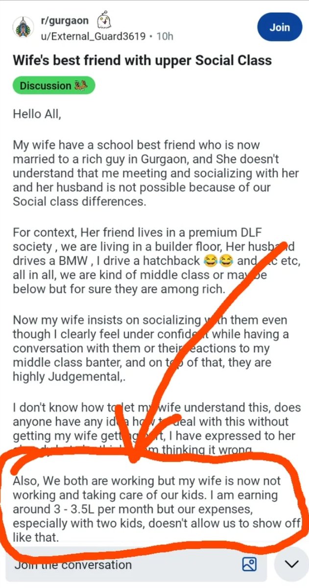 JstThinkinAloud's tweet photo. Another gem from #Gurgaon on #Reddit .

3.5 lac = Lower Middle Class

This is the same as 50L enough in Blore kind of post.

#GurgaonVsBangalore #funny #urbanIndia https://t.co/erSHeF0Ijy