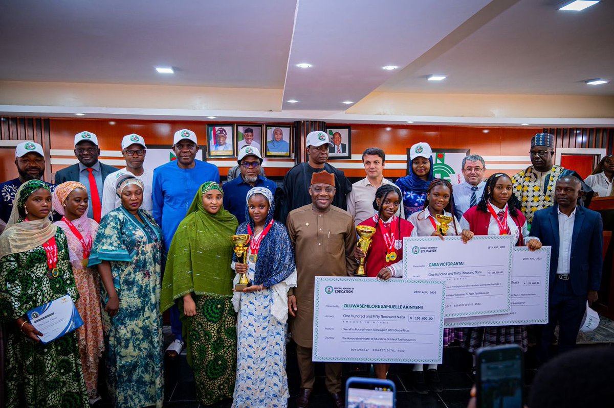 DrTunjiAlausa's tweet photo. Today, we proudly celebrate our brilliant Nigerian students who shone at the TeenEagle Global Finals in the UK, competing with over 900 students from 40+ countries and winning gold, silver, bronze, and special awards across debate, English skills, and talent categories.

This remarkable achievement is more than medals—it is proof that Nigerian youth, when given the right opportunities, can compete and win anywhere in the world. 

As a personal gesture of appreciation, I gave each winner a monetary gift from my own resources to encourage and empower them to continue striving for the highest levels of academic success.

To Nafisa, Oluwasemilore, Rukkaya, Cara, Jayden, Hadiza, Mansata and Fatim: medal or not, you are champions. You have carried Nigeria proudly onto the global stage and inspired millions of your peers to dream bigger and reach higher. 

The Federal Ministry of Education remains committed to:
✅ Expanding access to quality education
✅ Promoting literacy & critical thinking
✅ Strengthening global competitiveness
✅ Building more platforms like TeenEagle for our youth

I extend a heartfelt thank you to the parents, teachers, principals and stakeholders—your sacrifices make victories like this possible. 

Congratulations once again to our TeenEagle winners—you are not just today’s champions but tomorrow’s leaders and ambassadors of Nigeria.