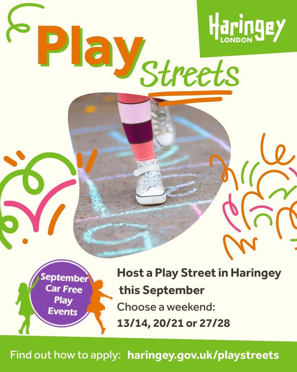 CALLING WEST GREEN RESIDENTS… We know you love a Play Street!

Applications are now open to host a Play Street on your road.

It’s free! 

Apply: More info here - haringey.gov.uk/streets-roads-…