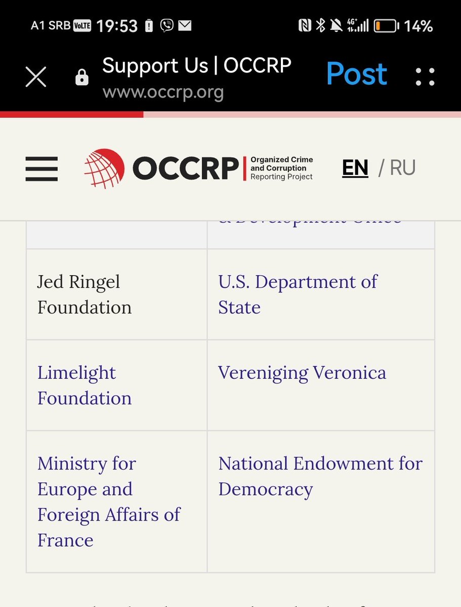 Spisak sponzora OCCRP, mreže čiji je deo i KRIK.
I dok nam Steva i ekipa govore kako su ekipa koja juri istinu, iz dva klika se vidi prava istina - a to je ko sponzoriše celu mrežu ovih tumača šta je laž, a šta - istina.
Obratite pažnju na vrh i dno liste, mada je i sredina cool.