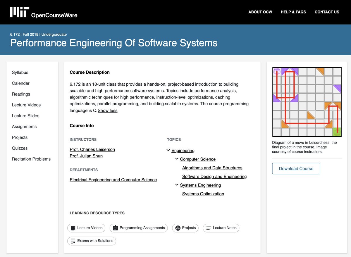 🎓 MIT's Performance Engineering of Software Systems course is fantastic if you are interested in performance.

Topics include perf analysis, algorithmic techniques for high perf, instruction-level &amp; caching optimizations, parallel programming, and more.

ocw.mit.edu/courses/6-172-…