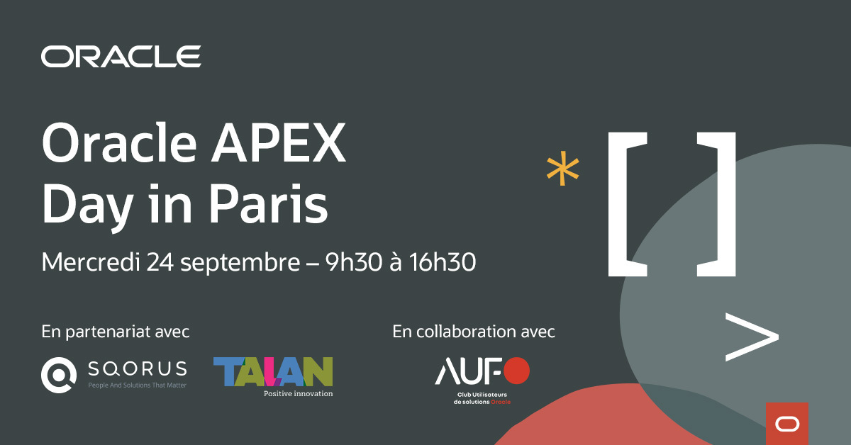 🇫🇷 Join us for the very first Oracle APEX Day in Paris on September 24!

✔️ Live Demos
✔️ Expert Technical Talks
✔️ Authentic customer stories &amp; beyond!

Learn More: social.ora.cl/6017f4Aoc

#orclAPEX #LowCode