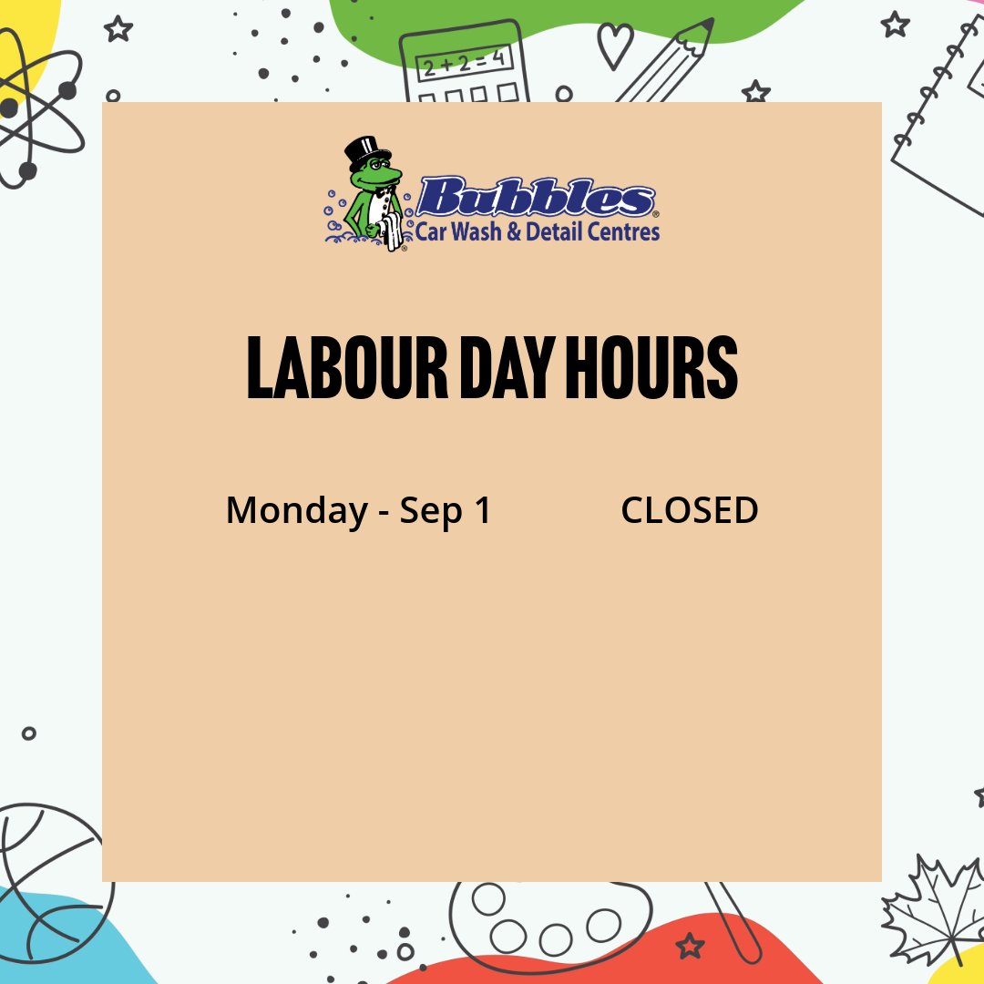 Happy Labour Day Weekend! 👷‍♀️ All Bubbles Car Wash locations will be CLOSED on Monday, Sept 1st. We'll be back to regular hours Tuesday. Enjoy the long weekend! #LabourDay #HolidayHours #CarWash