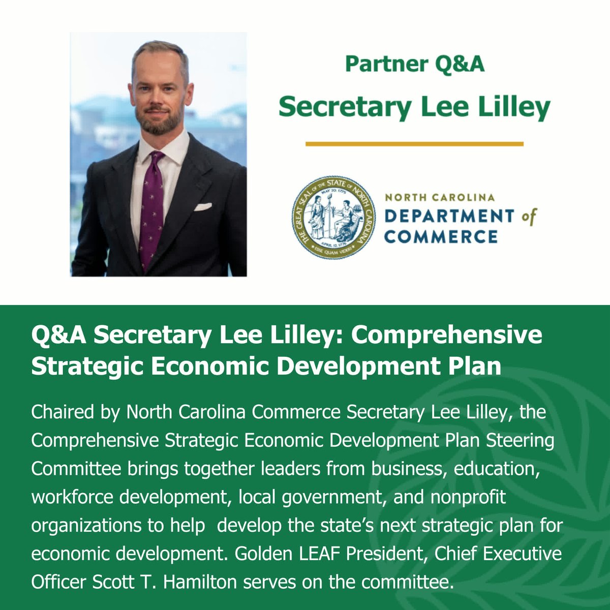 🌟Big news for NC🌟
<a href="/NCCommerce/">N.C. Commerce</a> Secretary Lee Lilley shares how to get involved in the creation of the next statewide Economic Development Plan—driving #jobs, #workforce &amp; #economicinvestment. Join the listening sessions. Be a part of NC's future! Share: goldenleaf.org/qa-with-secret…