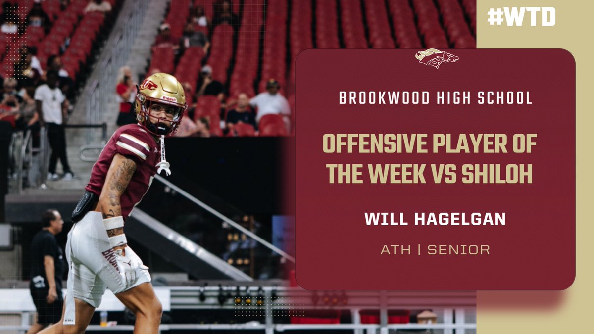 Offensive Player of the Week vs Shiloh ATH <a href="/will_hagelgan/">will hagelgan</a> 

Will has stepped up for us the last two weeks, getting the job done. 

8/12 86 yards passing &amp; a TD. 
With 1 Rushing TD to add to that! 

Come support Will &amp; <a href="/Bronco_Ftball/">Brookwood Football</a> tomorrow vs South Gwinnett!