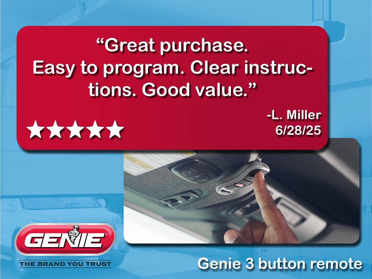 TheGenieCompany's tweet image. Short. Simple. Straight to the point.
A Genie remote is easy to program, easy to use, just like everything should be.
#CustomerReview #ReliableTech