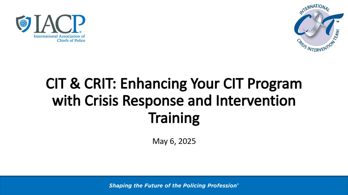 The IACP (@theiacp) on Twitter photo New Webinar Recording! CIT & CRIT: Enhancing Your CIT Program with Crisis Response and Intervention Training. Learn how the free CRIT curriculum can strengthen your CIT efforts! <a href="/DOJBJA/">Bureau of Justice Assistance</a> @thearcus <a href="/CITIntl/">CIT International</a>
️ ▶️ Watch now: learn.theiacp.org/p/crit
#CIT #CRIT #CrisisIntervention New Webinar Recording! CIT & CRIT: Enhancing Your CIT Program with Crisis Response and Intervention Training. Learn how the free CRIT curriculum can strengthen your CIT efforts! <a href="/DOJBJA/">Bureau of Justice Assistance</a> @thearcus <a href="/CITIntl/">CIT International</a>
️ ▶️ Watch now: learn.theiacp.org/p/crit
#CIT #CRIT #CrisisIntervention