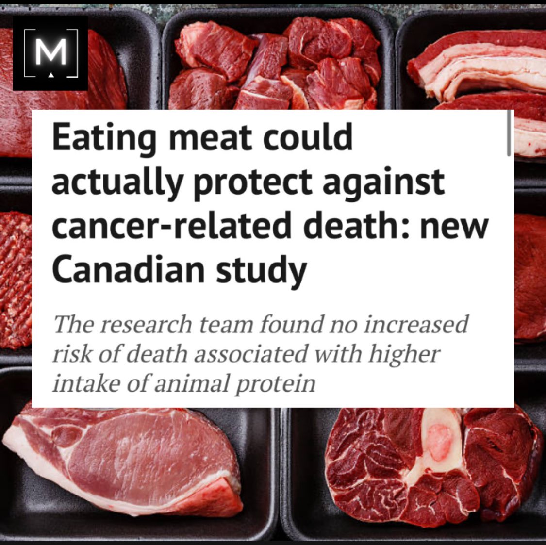 A NEW Canadian study just CONFIRMED what common sense always told us:

Eating MEAT could actually PROTECT against CANCER-RELATED death.
No increased risk. No fear-mongering. Just FACTS

I’ll go further; Meat is the ANSWER to curing a mountain of preventable health conditions

The