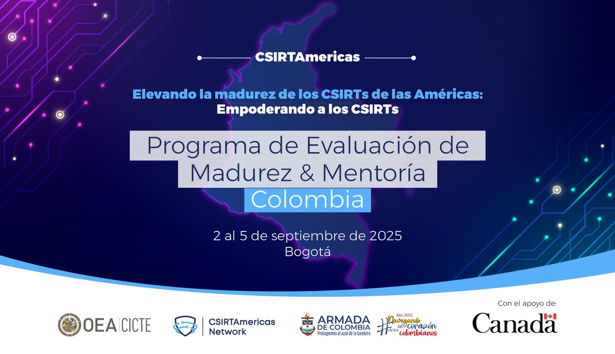 OEA_Cyber's tweet photo. 🚨 ¡Arranca el Programa de Evaluación y Mentoría en #Colombia! 🇨🇴

Del 2 al 5 de septiembre, la red #CSIRTAmericas de @OEA_Cyber llevará a cabo:

1️⃣ Evaluación de madurez al #CSIRT de la @ArmadaColombia
2️⃣ Sesiones de mentoría para apoyar la creación del CSIRT marítimo
3️⃣ Entrega oficial del proyecto de Asistencia Técnica al @colCERT 

Porque la clave está en contar con un equipo de respuesta a ciberincidentes #CSIRT capaz y siempre listo para actuar. 💻🔐
