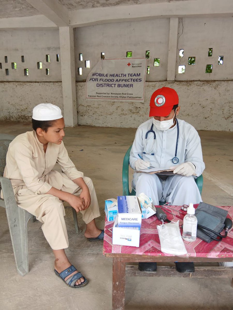 PRCSKP_Official's tweet photo. On the directives of Governor KP @fkkundi  and with the support of the Norwegian Red Cross (NorCross), PRCSKP deployed a Mobile Health Team in flood-hit #Buner. The team has provided 724 outpatient consultations, prioritizing women, children &amp; the elderly.
 #FloodsInPakistan https://t.co/Q0afgHlAAL