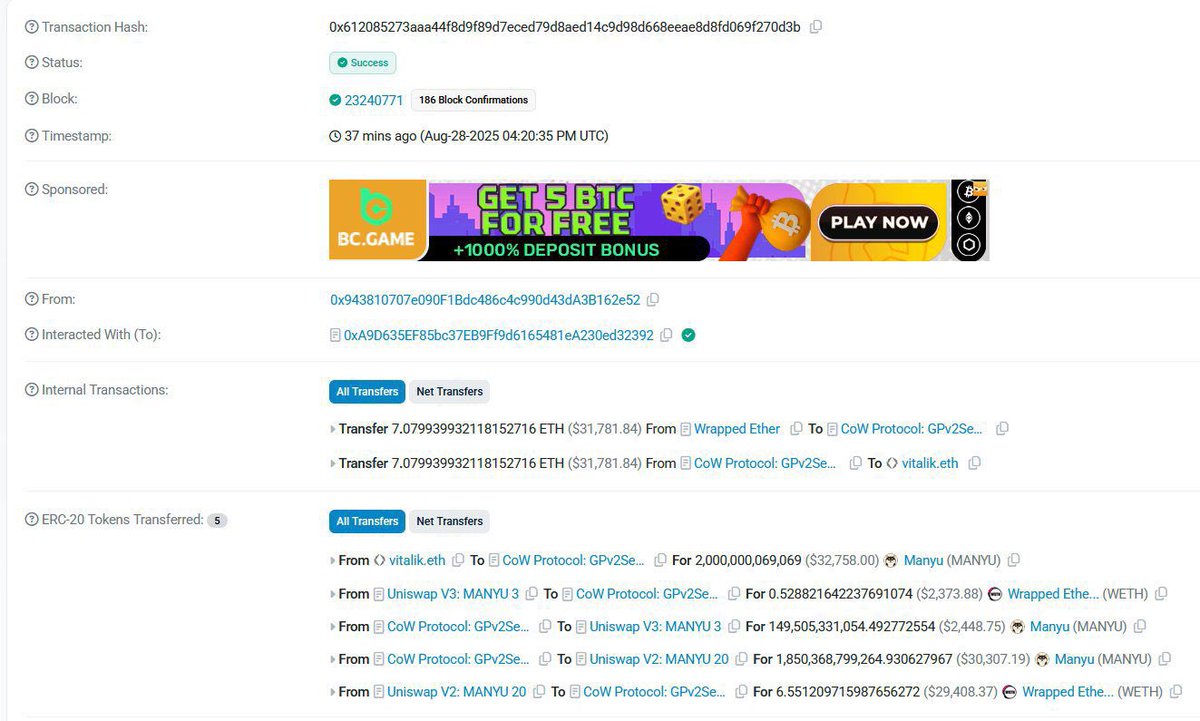 Loool Vitalik sold the $MANYU tokens that were sent to him 

This totally reminded me of the $SHIB story 🐶

Back then, Vitalik also sold the $SHIB he got, and after that Shiba skyrocketed and created its own millionaires 💸