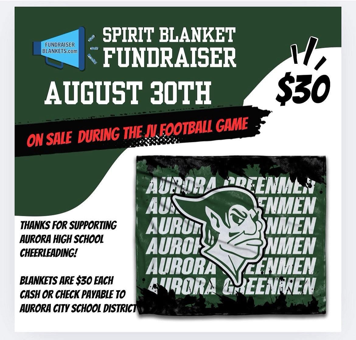 ahsallsports's tweet photo. 🏈📣Come out to Veterans Stadium this Saturday 8/30 at 9:30am to support AHS JV Football as well as the AHS Cheerleaders! 
These cozy blankets are the perfect item for all Greenmen Fans! 💚🤍🖤 https://t.co/4oBhBmbVMm