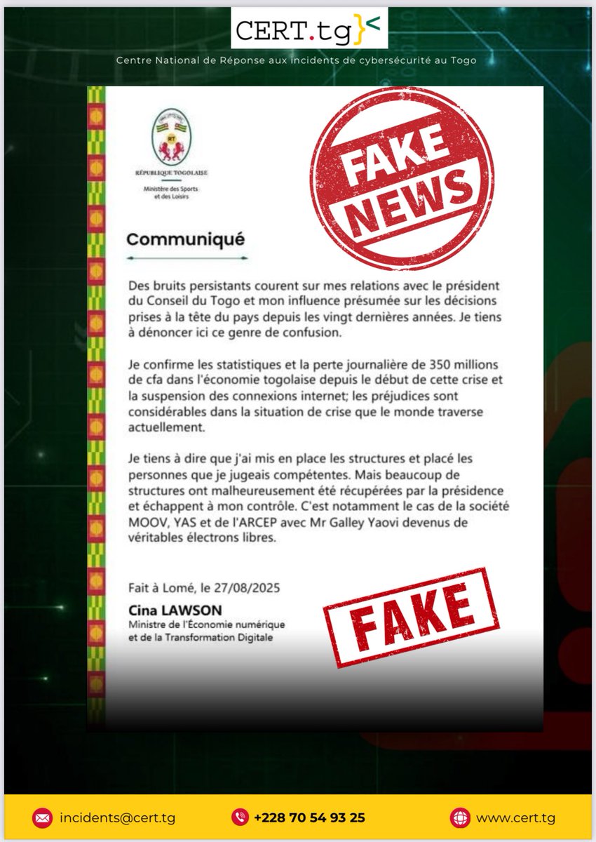 🚨#Alerte_de_cybersécurité ‼️

Un faux communiqué attribué au Ministère de l'Économie Numérique et de la Transformation Digitale <a href="/NumeriqueTG/">Ministère de l'Efficacité du Service Public 🇹🇬</a>. Ci-après l’alerte et les conseils du <a href="/cert_tg/">CERT_tg</a> 

Soyons vigilant. La #vigilance de chacun contribue à la #cybersécurité de tous.