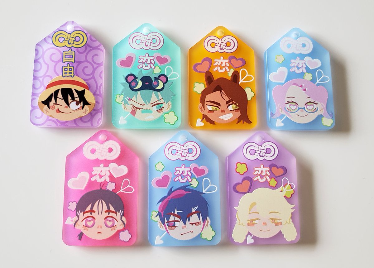 a colorful array of frosted omamori tags~
printed for <a href="/ringle_bingle/">rin ❄️ SACANIME T140</a> !