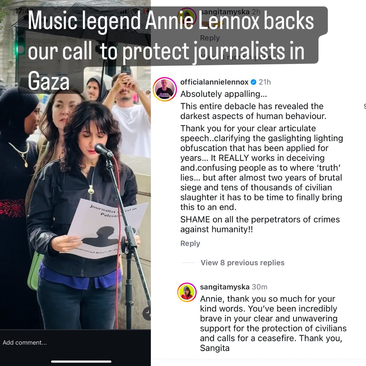 Musician and human rights activist  Annie Lennox has endorsed the call from the London Freelance Chapel of the @NUJ for Keir Starmer and his Goverment to act now to protect journalists in Gaza - many of whom have been smeared by Isreal with unsubstantiated claims.