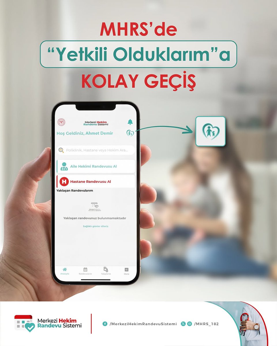 e-Nabız üzerinden karşılıklı onay veren ebeveynler, 18 yaşından küçük çocukları için kendi MHRS hesapları üzerinden randevu oluşturabilir. Bunun için tek yapmanız gereken; MHRS’ye giriş yaptıktan sonra ana sayfanın sağ üst köşesindeki “Yetkili Olduklarım” ikonuna tıklamak.