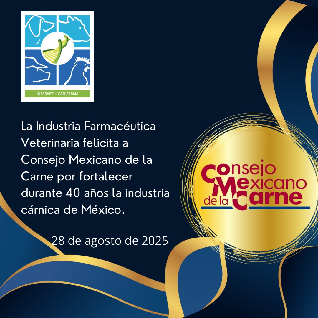 La Industria Farmacéutica Veterinaria felicita al <a href="/ConsejoMexCarne/">ComeCarne</a> por su  40º aniversario.

Durante este periodo ha sido un pilar para el sector pecuario de este país. 

#40AñosCoMeCarne