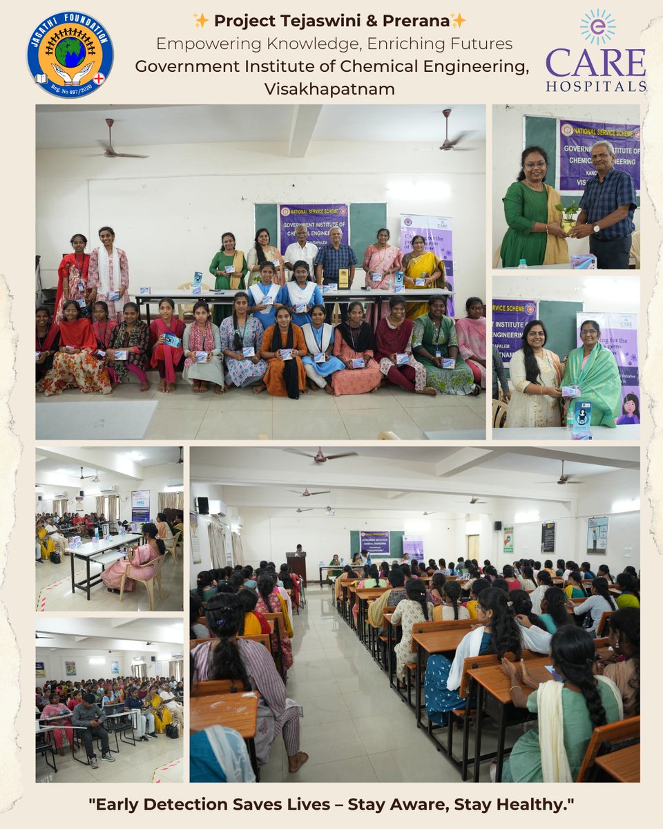 jagathi_NGO's tweet photo. Empowering Futures 🌸 | #AndhraPradesh
On 2nd Aug, Jagathi Foundation &amp; CARE Hospitals reached 2,000+ students across 3 Govt colleges with #Tejaswini &amp; #Prerana – spreading awareness on Menstrual Hygiene, Cervical &amp; Breast Cancer.
#HealthForAll #CSRImpact https://t.co/9QqPZlAUMJ