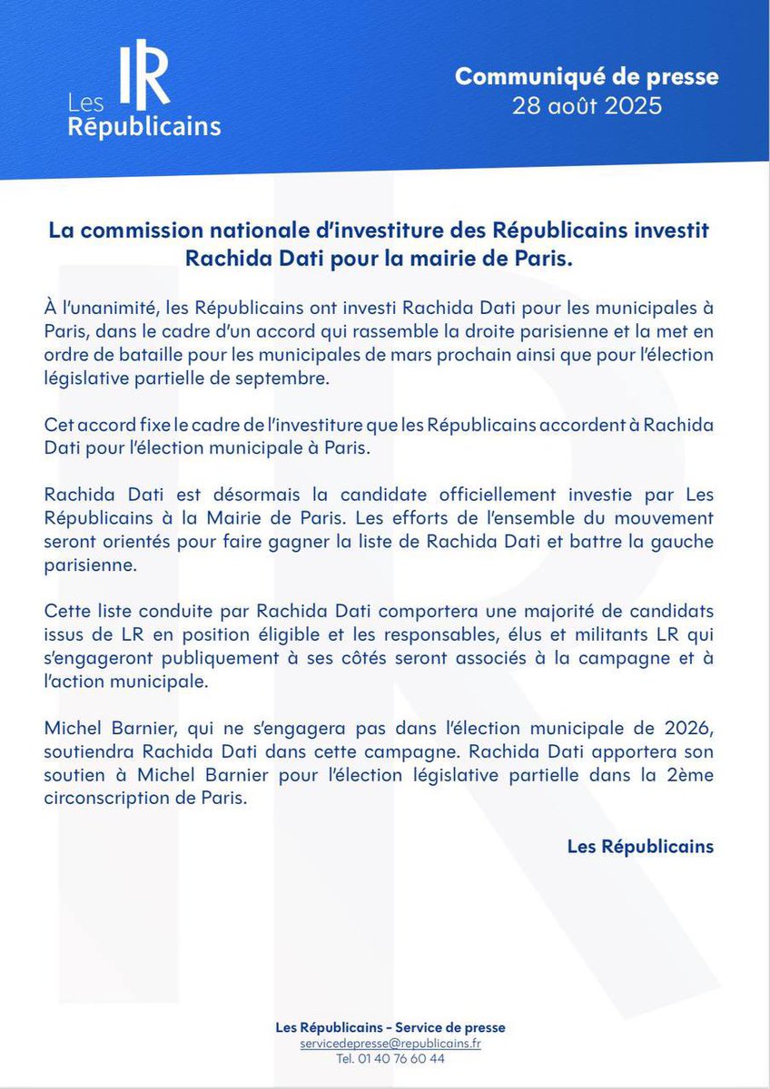 AnnieGenevard's tweet photo. En Commission nationale d’investiture @lesRepublicains que je préside, nous avons acté ce soir à l’unanimité l’investiture de @datirachida pour l’élection municipale à Paris.

Les conditions de l’unité sont désormais réunies pour gagner Paris et l’élection législative partielle dans la 2e circonscription de Paris, avec la candidature de @MichelBarnier.