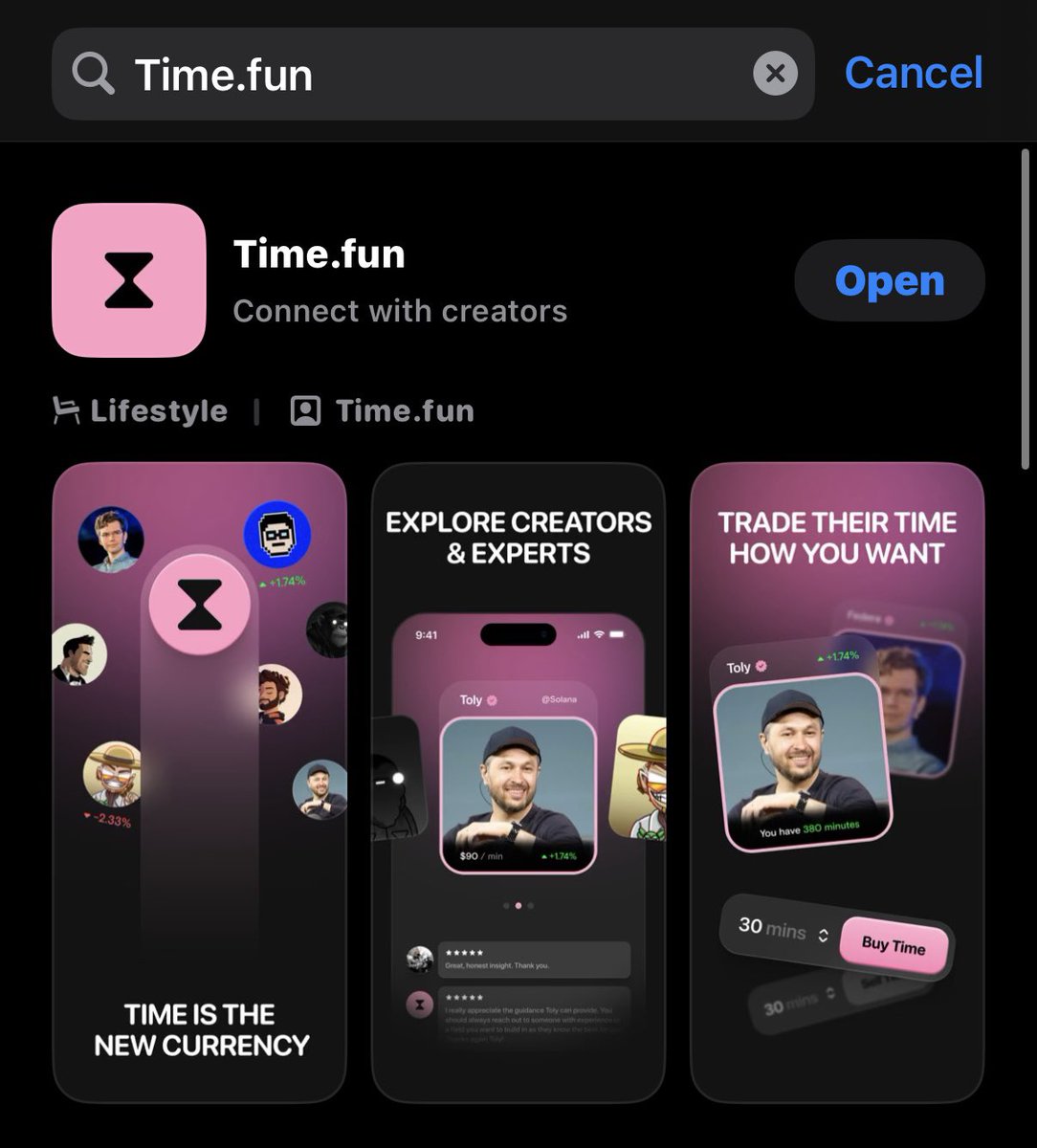 크리에이터와 연결하는 기능을 보여주는 Apple App Store의 Time.Fun 앱 스크린샷