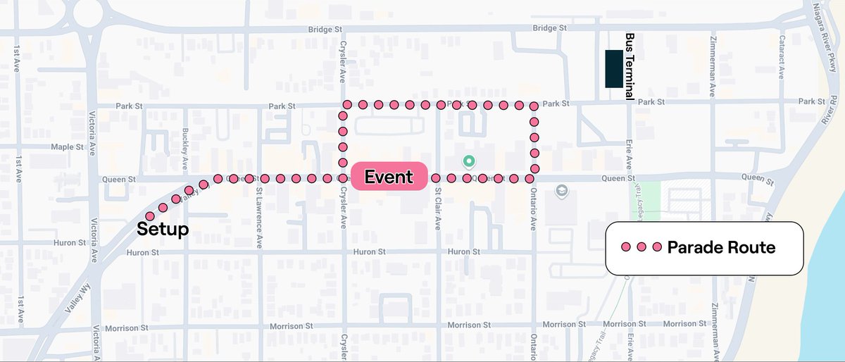 Saturday, Aug 28 Detours - 102/104/115/204

Buses will be detouring around the Carifalls Niagara Falls Multicultural Caribbean Carnival/Parade this Saturday!

Main Event Closure: Queen St between Crysler Ave &amp; St. Clair Ave

Times: 8:00AM - 11:30PM

Parade: 12:00PM sharp with