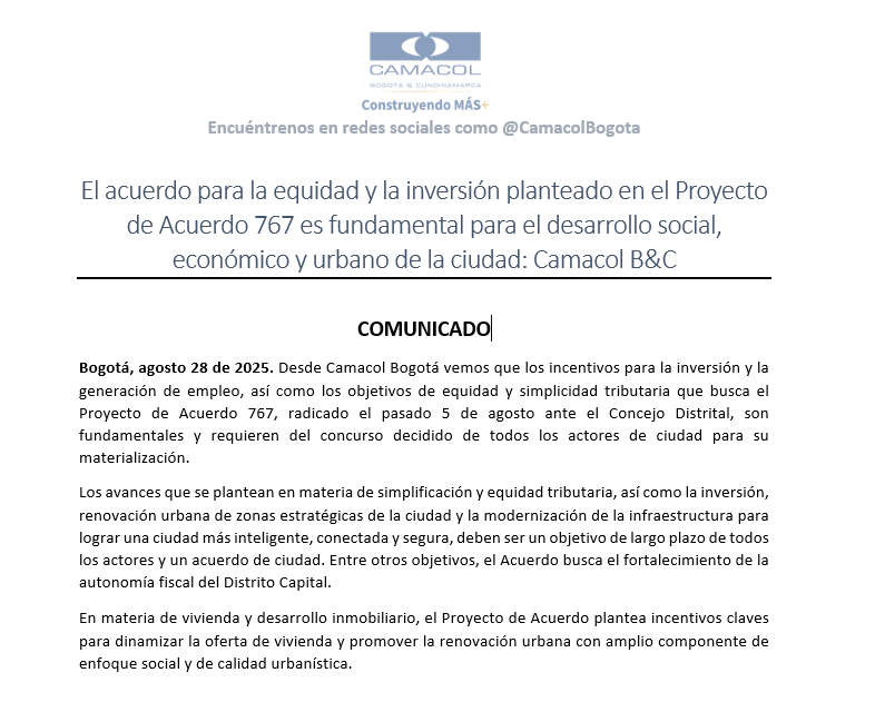 #NoticiasByC / El acuerdo para la equidad y la inversión planteado en el Proyecto de Acuerdo 767 es fundamental para el desarrollo social, económico y urbano de la ciudad: Camacol B&amp;C

Lea nuestro comunicado completo en: camacolbyc.co/comunicaciones…