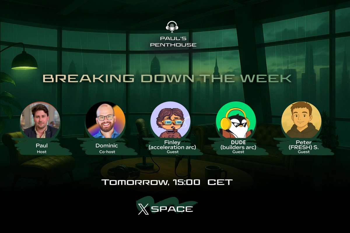 Pauluz (@pauluzrfrm) on Twitter photo Tomorrow at 15:00 CET we are back on your screen! ๐ข
Me and my co-host <a href="/itsVLVT/">Dominic ๐โก๏ธ</a> will be hosting another session of Breaking Down the Week, live from Paul's Penthouse.
Joining us are <a href="/CryptoKenshiro/">Finley (acceleration arc)</a>, <a href="/se7en_dude/">Peter "FRESH" S.</a> and <a href="/DUDEisonchain/">๐๐จ๐๐๐ง (builders arc)</a>. Together weโll dive into the breaking news of Tomorrow at 15:00 CET we are back on your screen! ๐ข
Me and my co-host <a href="/itsVLVT/">Dominic ๐โก๏ธ</a> will be hosting another session of Breaking Down the Week, live from Paul's Penthouse.
Joining us are <a href="/CryptoKenshiro/">Finley (acceleration arc)</a>, <a href="/se7en_dude/">Peter "FRESH" S.</a> and <a href="/DUDEisonchain/">๐๐จ๐๐๐ง (builders arc)</a>. Together weโll dive into the breaking news of