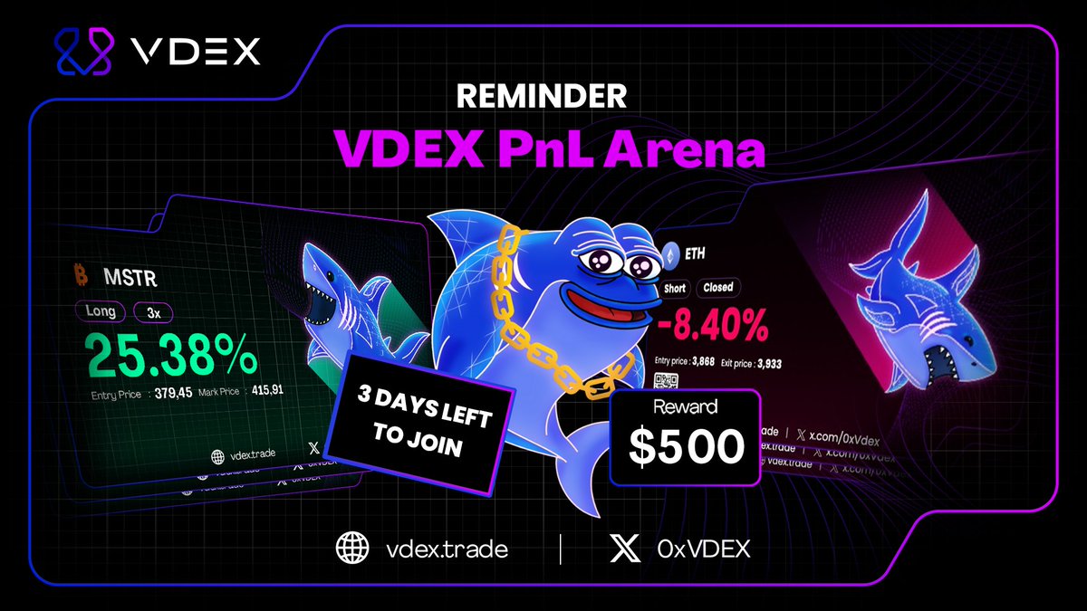 Just 3 days left in the VDEX PnL Arena!

💸 $500 prize pool

🏆 Rewards for both Top 10 wins &amp; Top 10 losses

📍 How to enter: 
1️⃣ Trade on VDEX  
2️⃣ Share your VDEX PnL image on X and in the Community (link below)
3️⃣ Tag <a href="/0xVDEX/">VDEX</a> in the post

⏳ Time’s running out. Don’t miss it!
