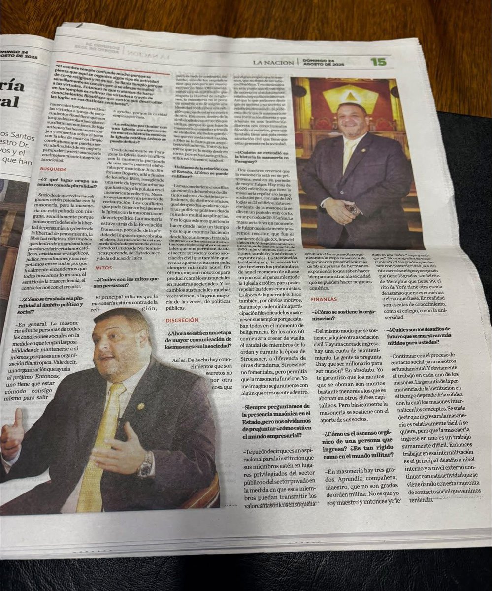 "El objetivo de la masonería es el mejoramiento integral de la sociedad". Entrevista al MRH José Fernández Zacur, Serenísimo Gran Maestro de la GLSP. Doble página del diario La Nación.

 Lee la nota completa aquí: goo.su/Vas1

#UnaSola #Regular #sesquicentenaria