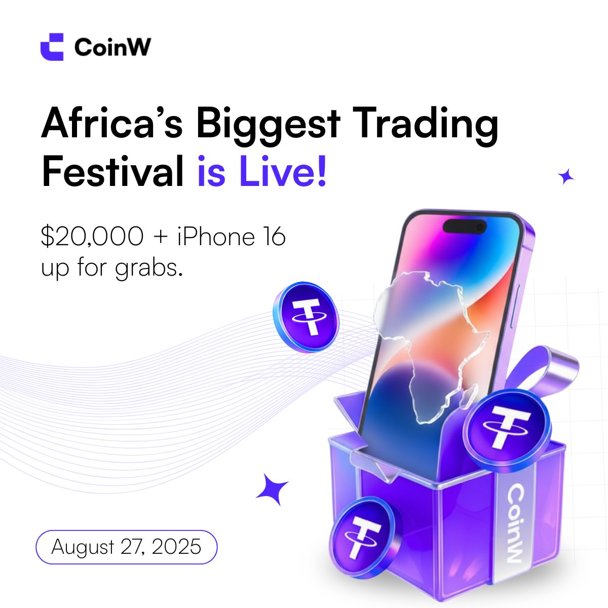 @CoinWAfrica_Official (@coinw_africa) on Twitter photo 🌍 Africa’s Biggest Trading Festival is Live!
 💰 Win from a $20,000 prize pool + the latest iPhone 16 🎉
This is Africa’s moment to trade, win, and shine. ✨
 👉 Join now: coinw.com/events/2025082…
#CoinWAfrica #AfricaTradesTogether #CryptoFestival 🌍 Africa’s Biggest Trading Festival is Live!
 💰 Win from a $20,000 prize pool + the latest iPhone 16 🎉
This is Africa’s moment to trade, win, and shine. ✨
 👉 Join now: coinw.com/events/2025082…
#CoinWAfrica #AfricaTradesTogether #CryptoFestival