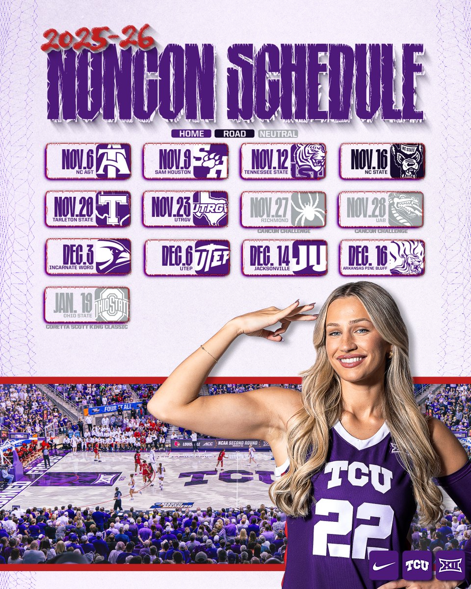 tcuwbb's tweet photo. Non-con just dropped 👀

Three NCAA Tournament teams, a Turkey Day trip to Cancun and nine home games on the docket! https://t.co/bHiZBMB4pu