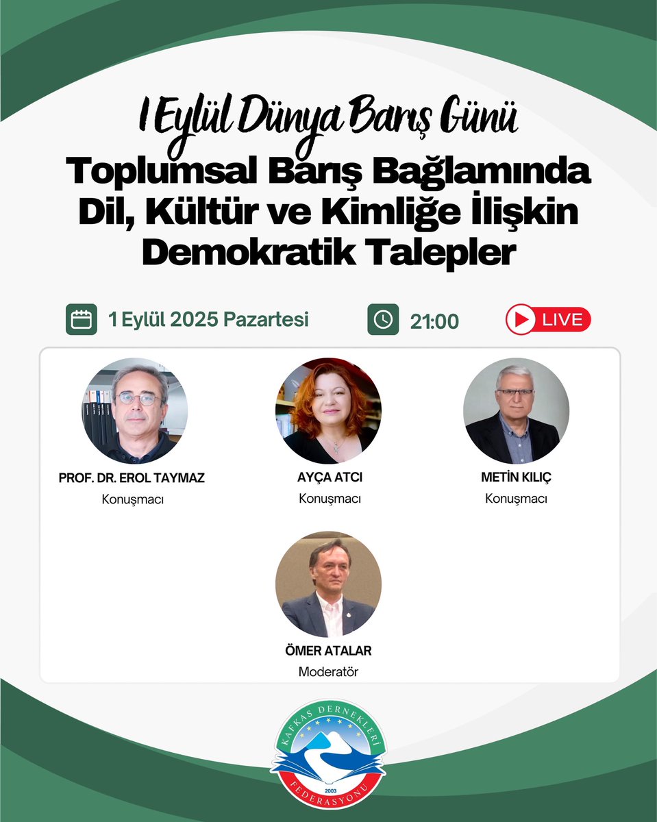 1 Eylül Dünya Barış Günü 
Toplumsal Barış Bağlamında Dil, Kültür ve Kimliğe İlişkin Demokratik Talepler

İkinci Dünya Savaşı’nın başlangıç tarihi olan 1 Eylül tarihi Dünya Barış Günü olarak kabul edilmektedir. Bu bağlamda hem küresel ölçekte hem de ülkemizde barışa duyulan