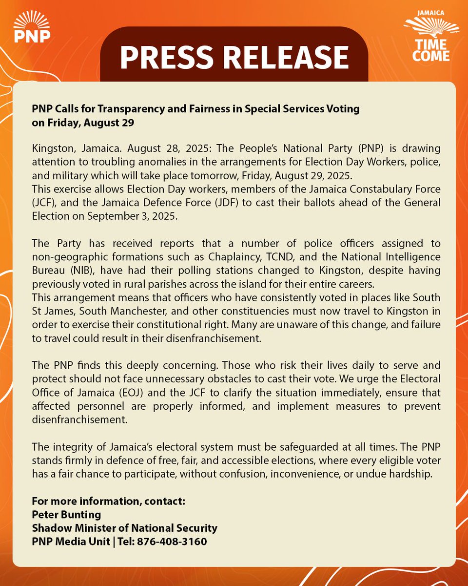 JamaicaPNP's tweet image. Media Release - The People’s National Party (PNP) is drawing attention to troubling anomalies in the arrangements for Election Day Workers, police, and military which will take place tomorrow, Friday, August 29, 2025.